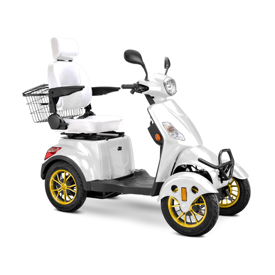 The Bespoke Prestige Recreational 4-Wheel Scooter is a white electric scooter with a 600-watt motor, padded seat and backrest, armrests, front headlight, rear storage basket, and yellow-accented rims.